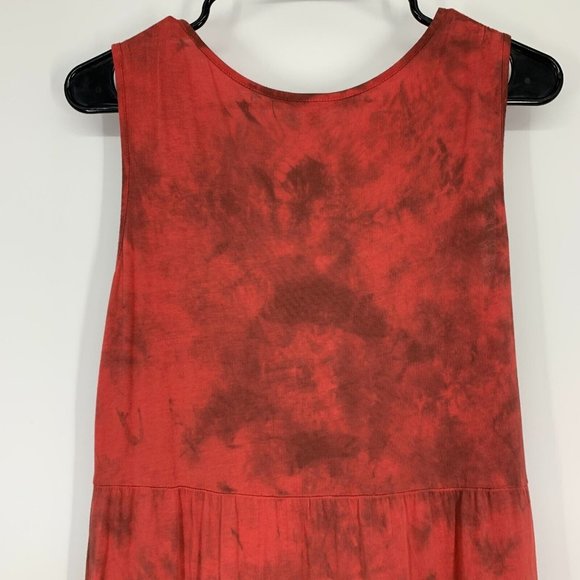 Reba Dress Red Tie Dye V Neck Sleeveless Midi Tiered Ruffle Boho - Picture 7 of 8